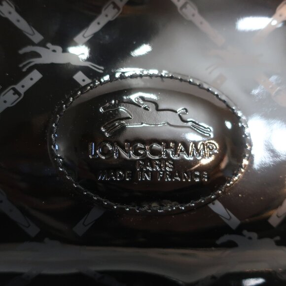Womens Longchamp Black Patent Leather Monogram Logo Zip Clutch Handbag - Picture 3 of 13